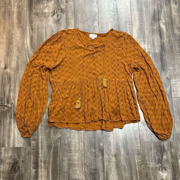 Shyanne Women's Orange Blouse M Long Sleeve Double-Tie Eyelet Pattern - Picture 1 of 4